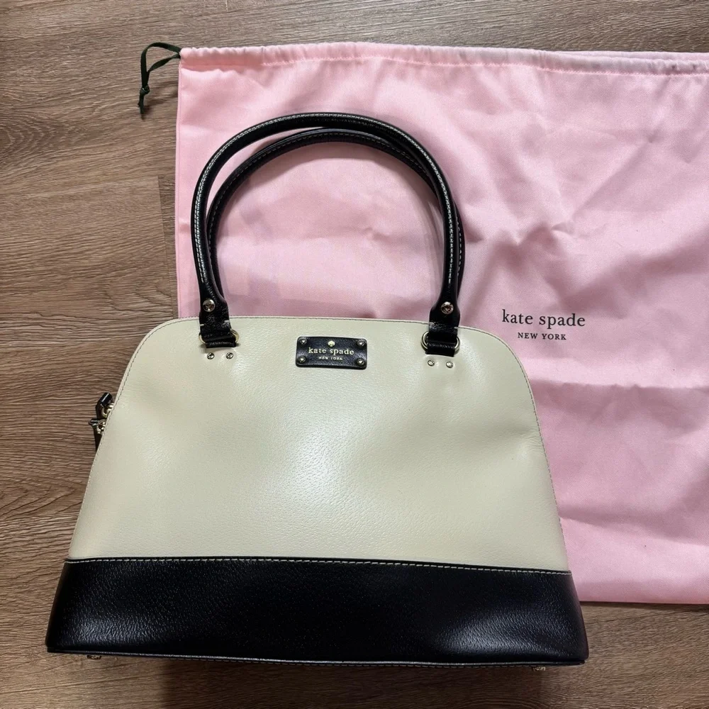 Kate Spade New York Leather Black White Satchel Handbag Purse 10”x14.5”x5”